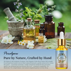 Peralpow poke-root oil label close-up highlighting vegan, organic sourcing.