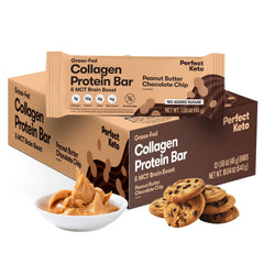 Perfect Keto bar packaging showing peanut butter chocolate chip, gluten-free keto snack.