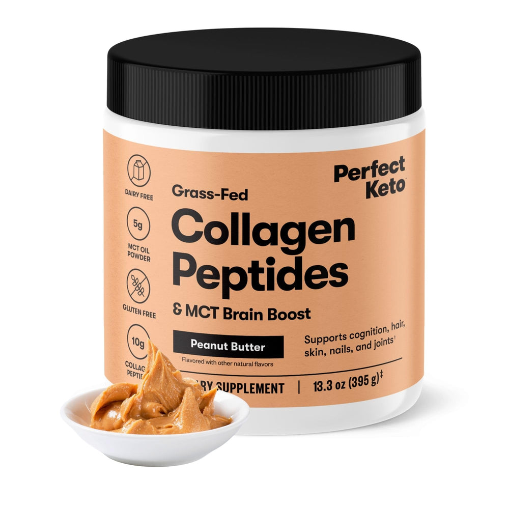 Perfect Keto collagen peptides with MCT powder in a tub, ideal for easy daily use