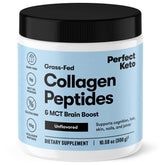 Perfect Keto Collagen Peptides bottle on kitchen counter for daily hair and skin support.