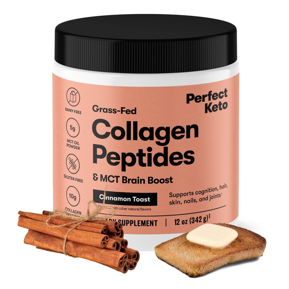 Perfect Keto Collagen Peptides tub front with Cinnamon Toast flavor supports skin and hair vitality