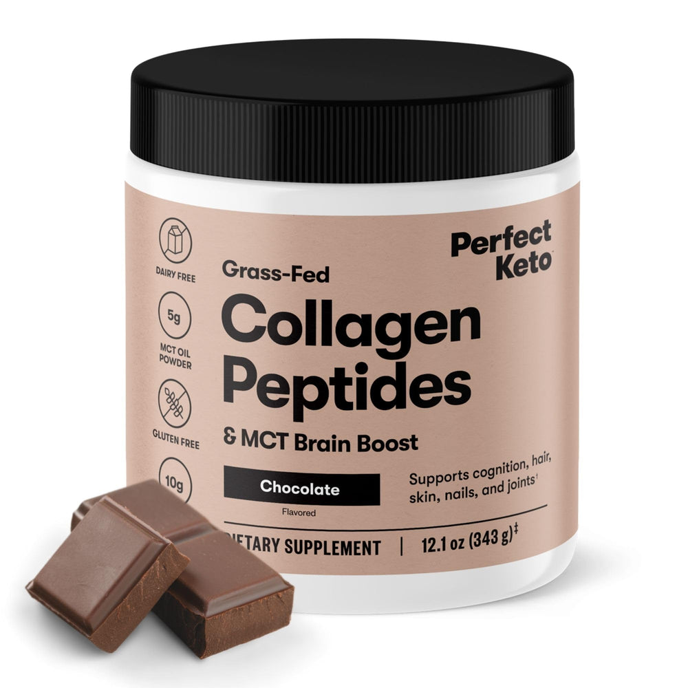 Perfect Keto Collagen powder tub close-up highlighting grass-fed collagen benefits