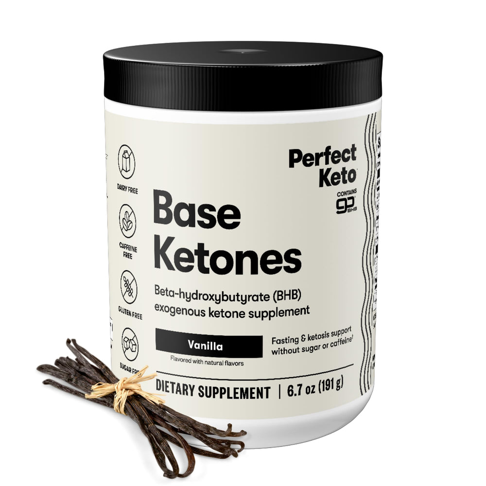 Perfect Keto exogenous ketones powder vanilla in tub ready for ketosis support.