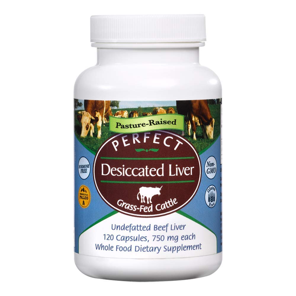 Perfect Supplements desiccated liver bottle for daily energy support.