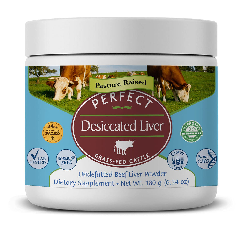 Perfect Supplements desiccated liver powder front label, a pure beef liver source rich in protein and iron.