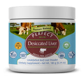 Perfect Supplements desiccated liver powder front label, a pure beef liver source rich in protein and iron.