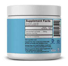 Perfect Supplements desiccated liver powder with scoop, simple daily protein and nutrient support.