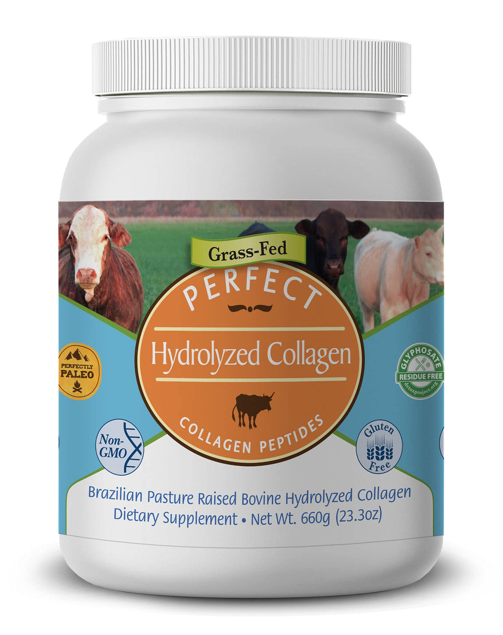 Perfect Supplements unflavored collagen powder bottle, grass-fed formula for easy daily protein
