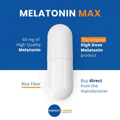 Perfect Vitamin Products melatonin 60mg packaging showcases vegan, gluten-free formula