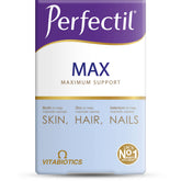 Perfectil Max bottle and packshot showing complete beauty support for skin, hair and nails