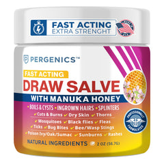 Pergenics Manuka Honey Draw Salve jar for soothing minor skin irritations