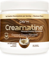 Perk Creamatine Coconut Cream tub shows 5 g per serving and sugar-free formula.