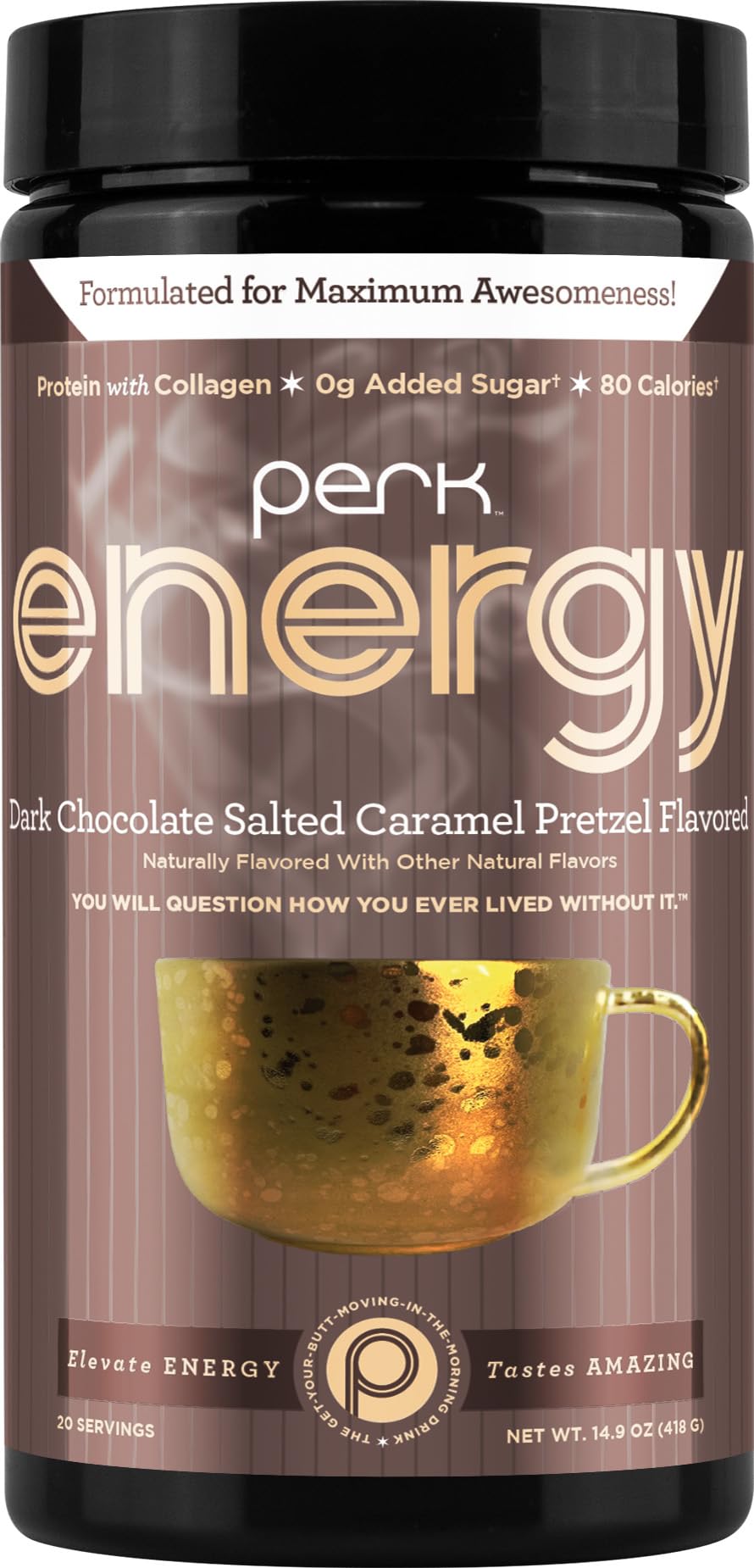 Perk Energy Original bottle shows dark chocolate salted caramel pretzel flavor for a convenient protein boost