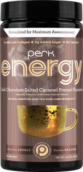 Perk Energy Original bottle shows dark chocolate salted caramel pretzel flavor for a convenient protein boost