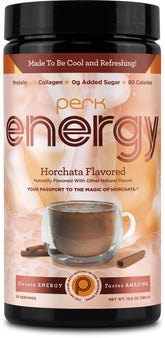Perk Energy Horchata tub with scoop for on-the-go protein