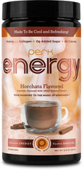 Perk Energy Horchata tub with scoop for on-the-go protein