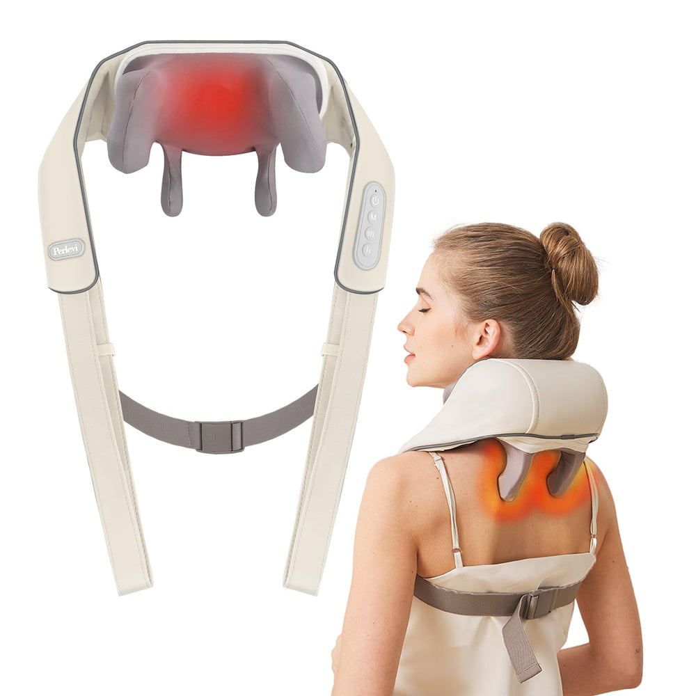 PERLEVI neck massager worn around neck for hands-free relaxation.