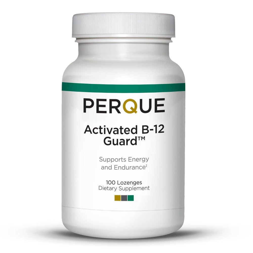 PERQUE Activated B-12 Guard bottle on shelf for daily supplementation.