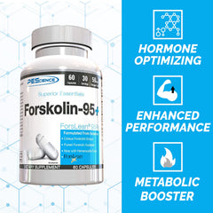 PEScience Forskolin-95 label closeup emphasizes 95% purity and dosage.