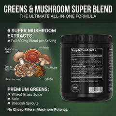 PEScience Greens mushroom blend highlights beta-glucans for wellness support.