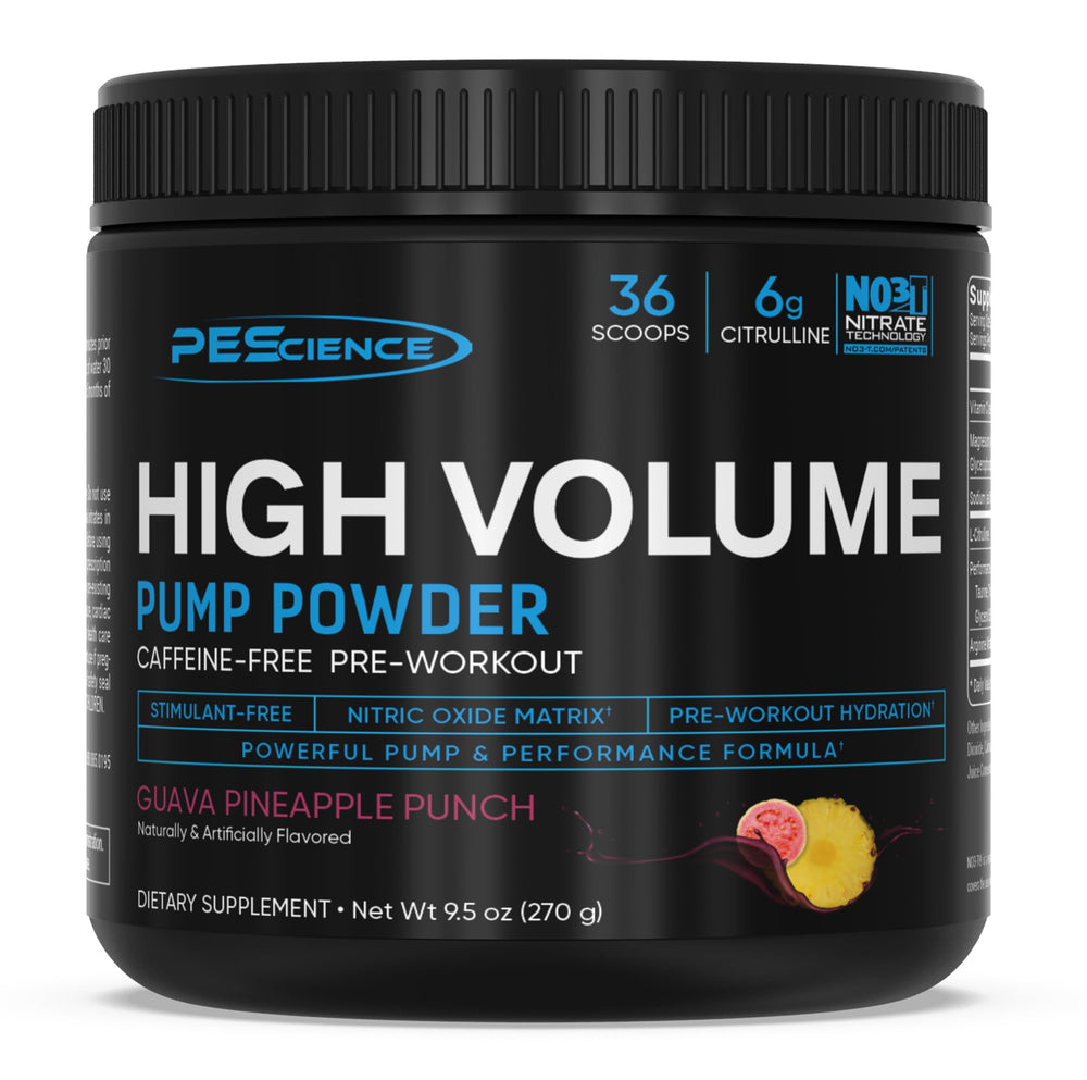 PEScience High Volume bottle with Guava Pineapple Punch showing a premium pump-focused pre-workout