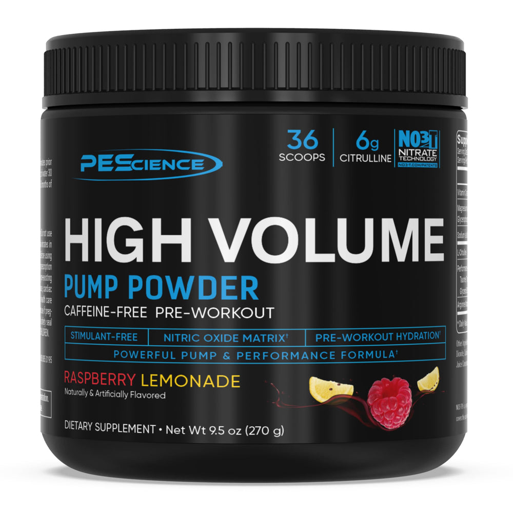 PEScience High Volume bottle label showing non-stim pre-workout branding for trust