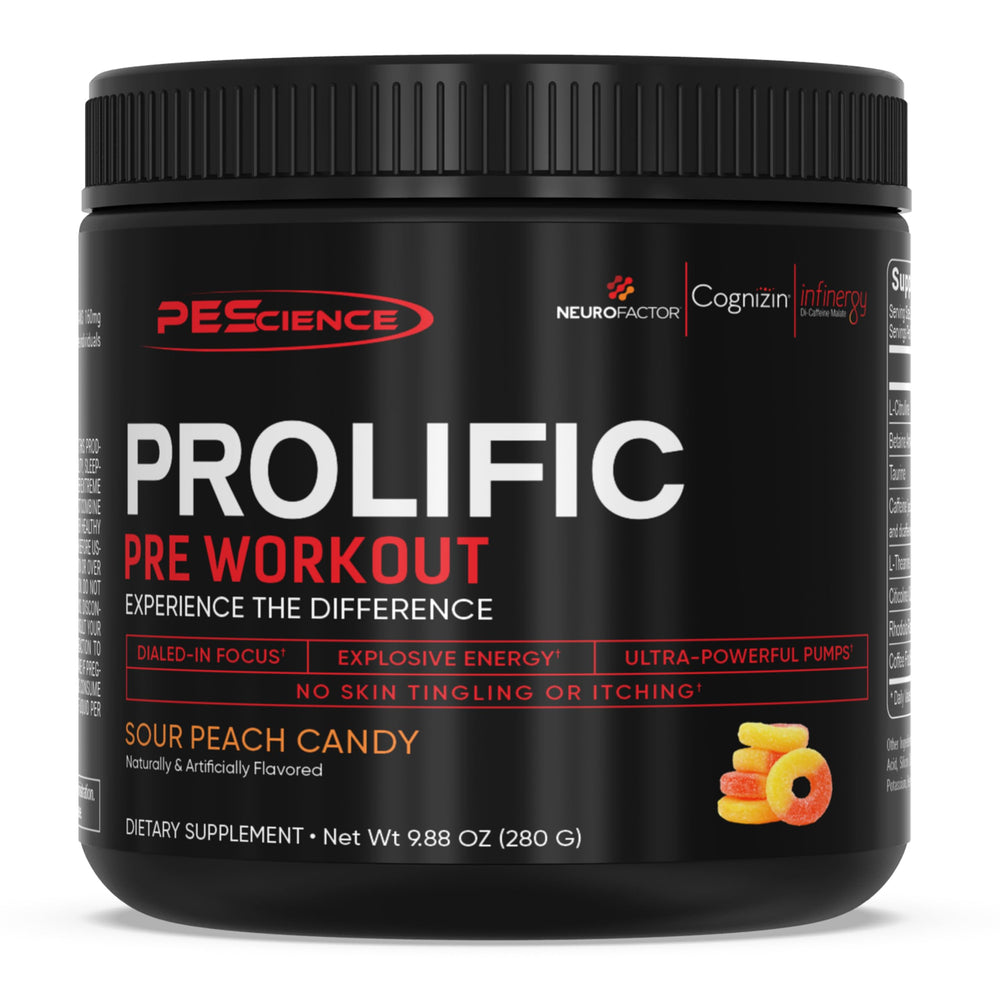 PEScience Prolific bottle close-up highlights clean energy and no beta alanine