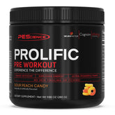 PEScience Prolific bottle close-up highlights clean energy and no beta alanine