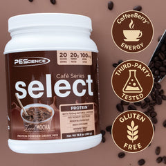 PEScience Select Cafe shaker mixed for iced latte-style protein drink