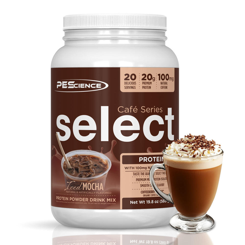 PEScience Select Cafe tub front showing protein coffee powder for a quick energy boost