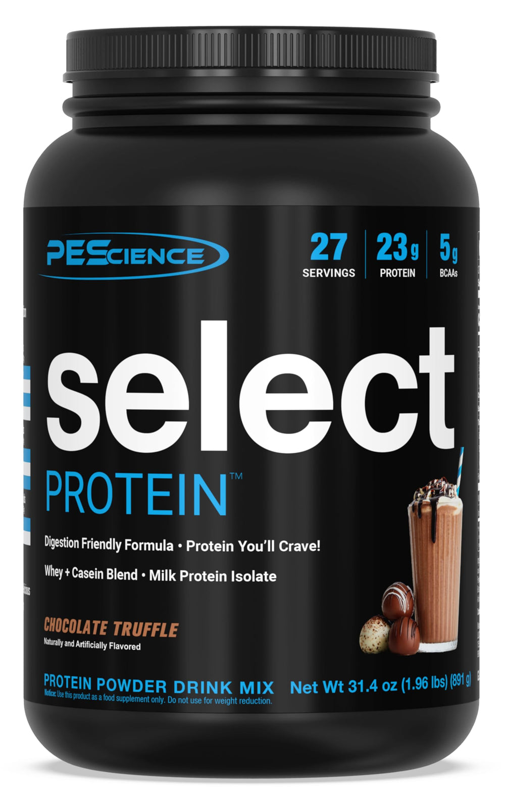 PEScience Select Protein Powder chocolate truffle bottle pour showing a high-protein, low-calorie shake