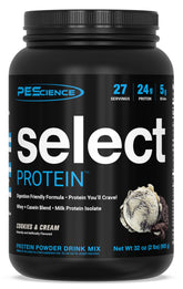 PEScience Select Cookies and Cream tub highlights premium packaging and high-protein nutrition.