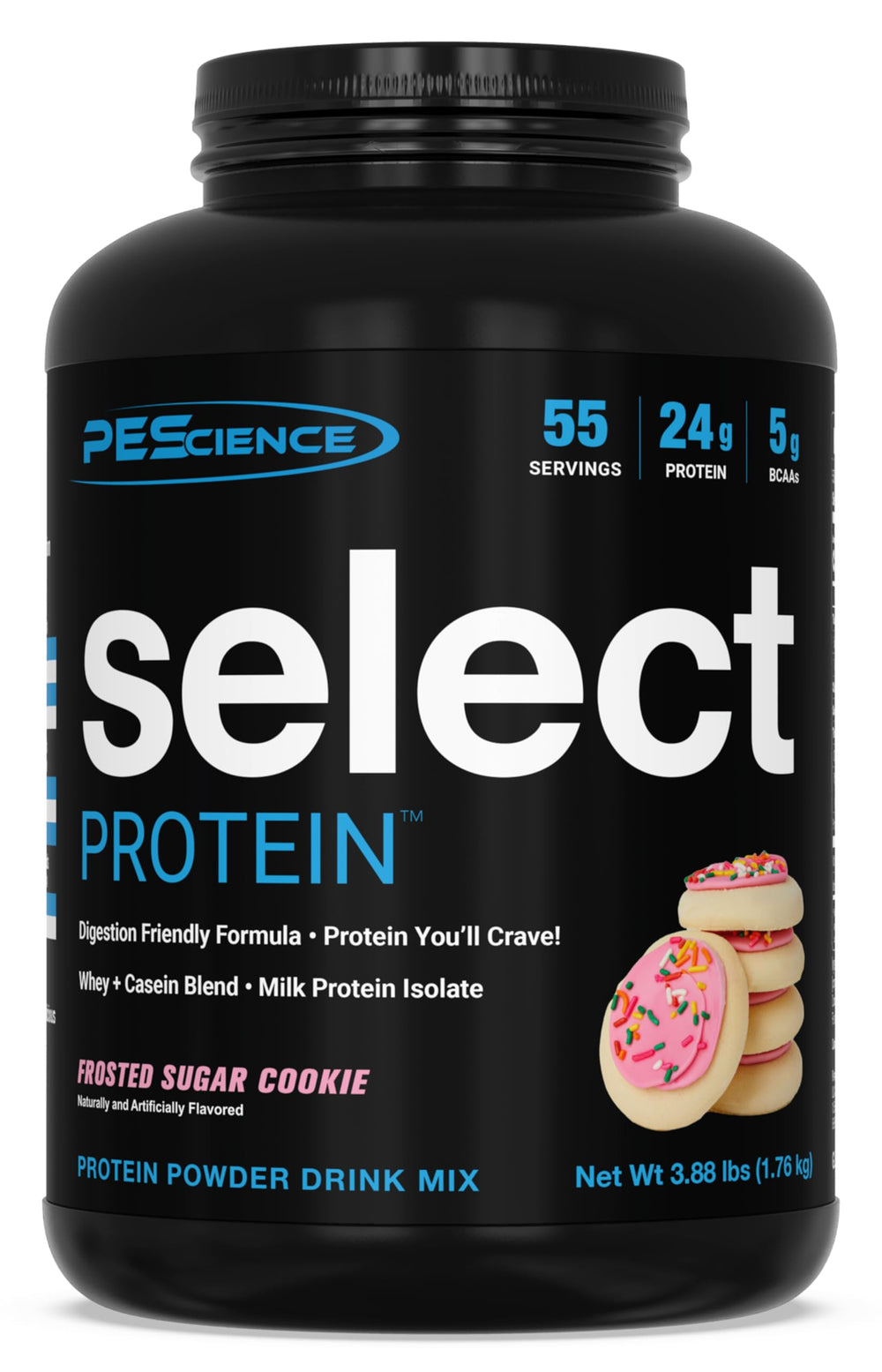 PEScience Select Protein jar label highlighting premium protein blend for daily shakes.