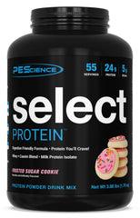 PEScience Select Protein jar label highlighting premium protein blend for daily shakes.