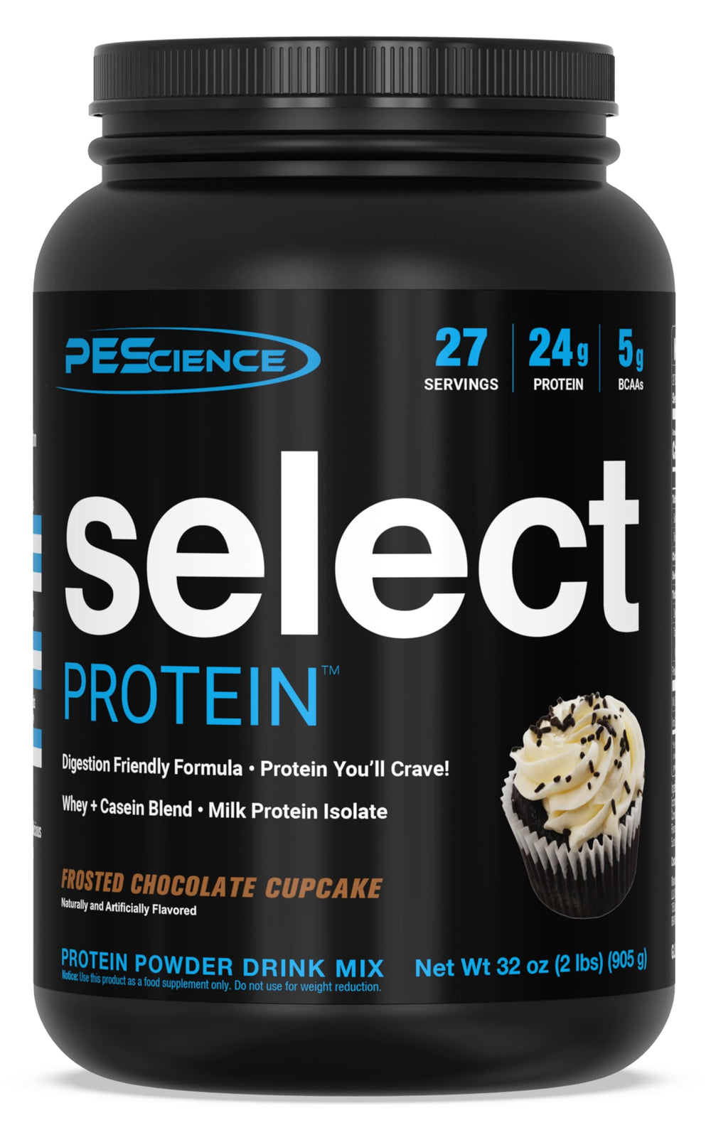 PEScience Select Protein Powder Frosted Chocolate Cupcake tub front label promotes a smooth shake