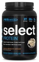 PEScience Select Protein Powder Frosted Chocolate Cupcake tub front label promotes a smooth shake
