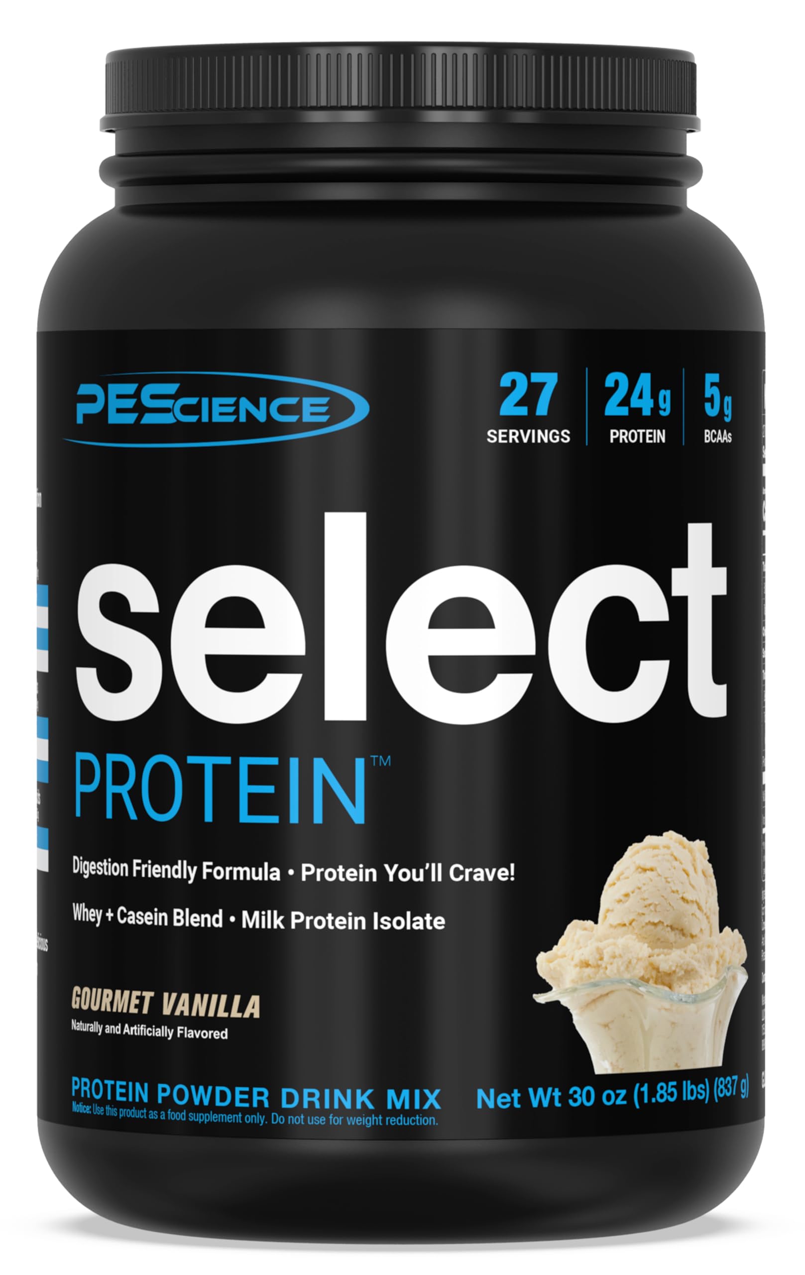 PEScience Select Gourmet Vanilla bottle displays premium protein option and clean ingredients