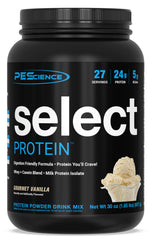 PEScience Select Gourmet Vanilla bottle displays premium protein option and clean ingredients