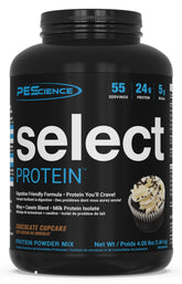 PEScience Select Protein Powder tub front with Frosted Chocolate Cupcake flavor.