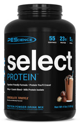 PEScience Select protein powder tub showing chocolate truffle flavor and strong protein content
