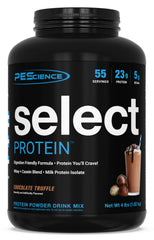 PEScience Select protein powder tub showing chocolate truffle flavor and strong protein content