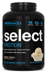 PEScience Select Vanilla tub shows 24 g protein per serving for satisfying shakes.