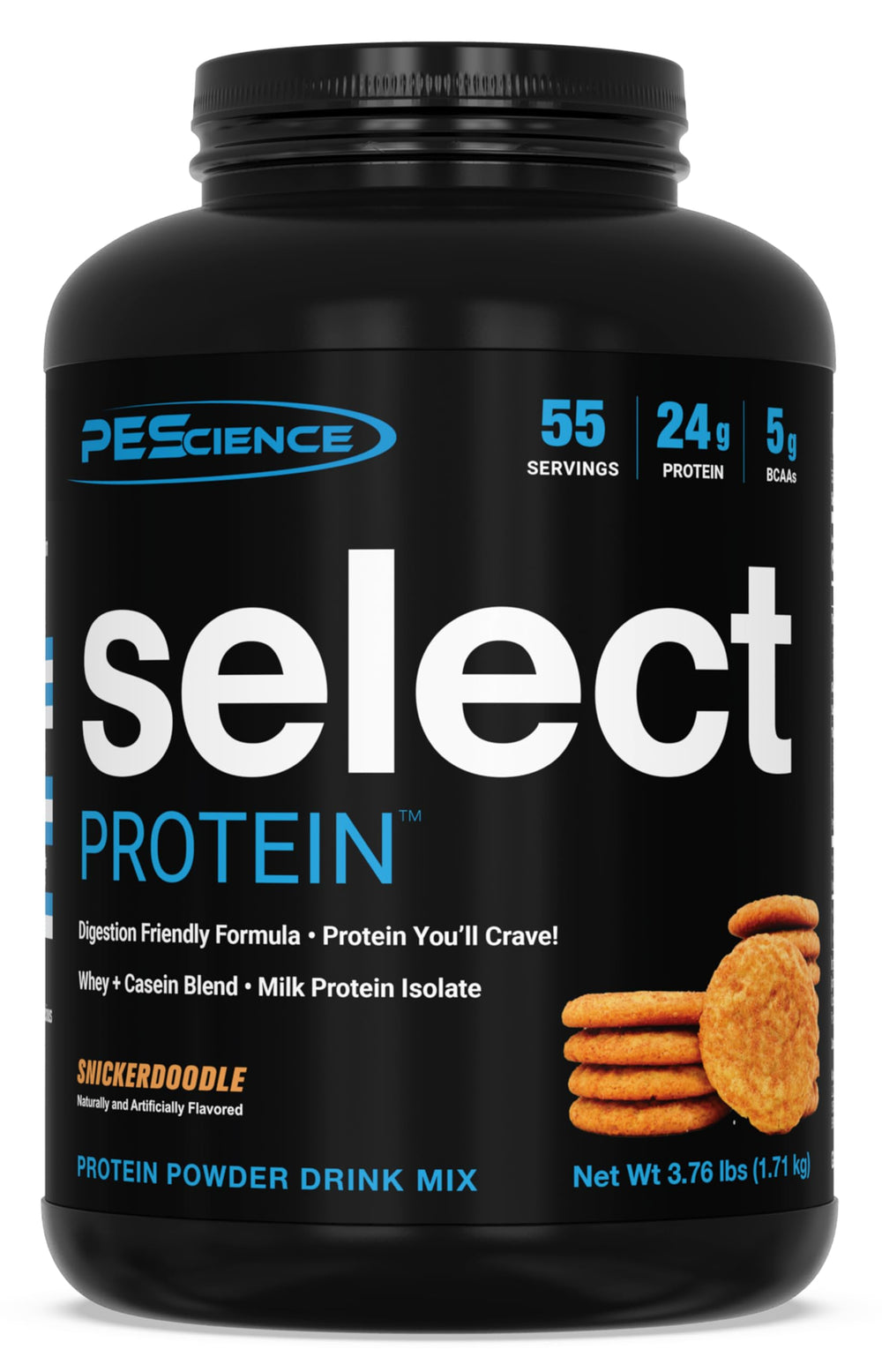 PEScience Select Snickerdoodle bag shows the protein powder container for daily use.