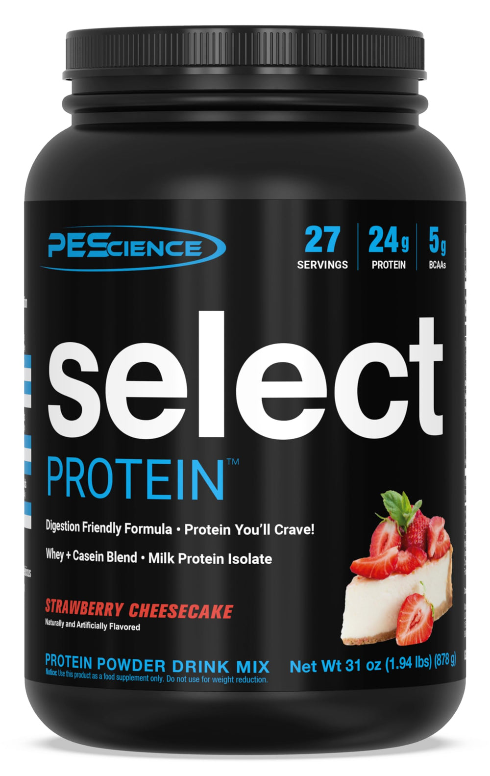 PEScience Select Protein Powder Strawberry Cheesecake tub ready for a protein-packed shake