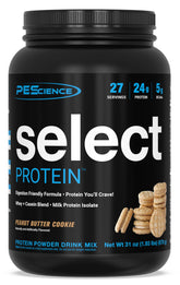 PEScience Select Protein tub shows 24 g protein per serving for shakes