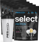 PEScience Select variety pack front label showing five flavors for versatile protein options.