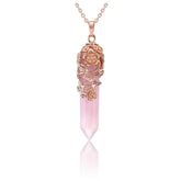 PESOENTH rose quartz crystal pendant with pointed hexagon and calm energy use case.