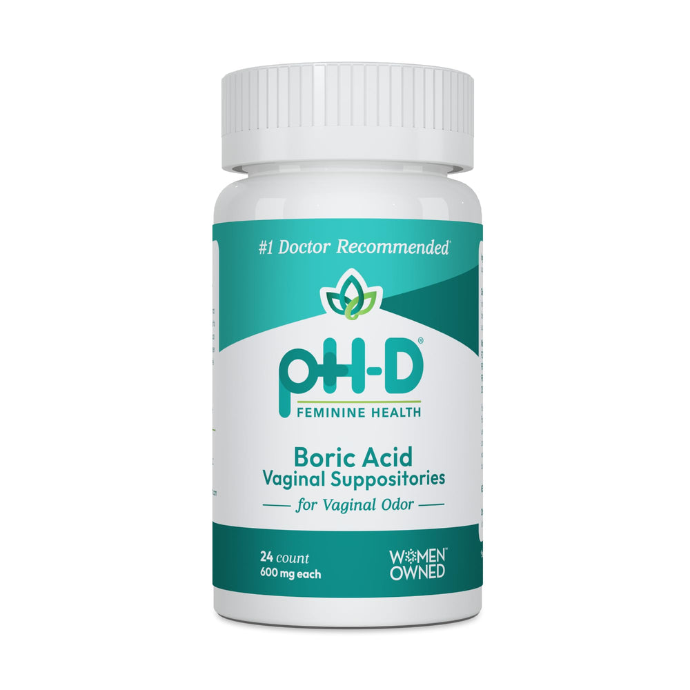 pH-D Feminine Health 600 mg boric acid suppositories packaging front for odor support.