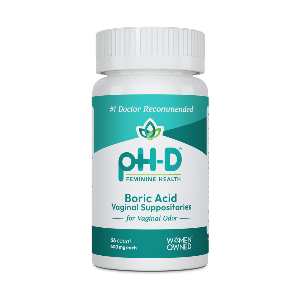 pH-D boric acid suppositories packaging with safety labels for informed use
