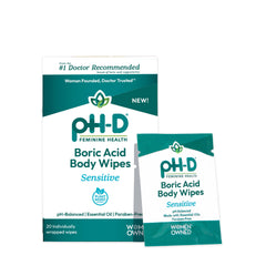 pH-D Feminine Health Support wipes packaging closeup for clean on-the-go freshness